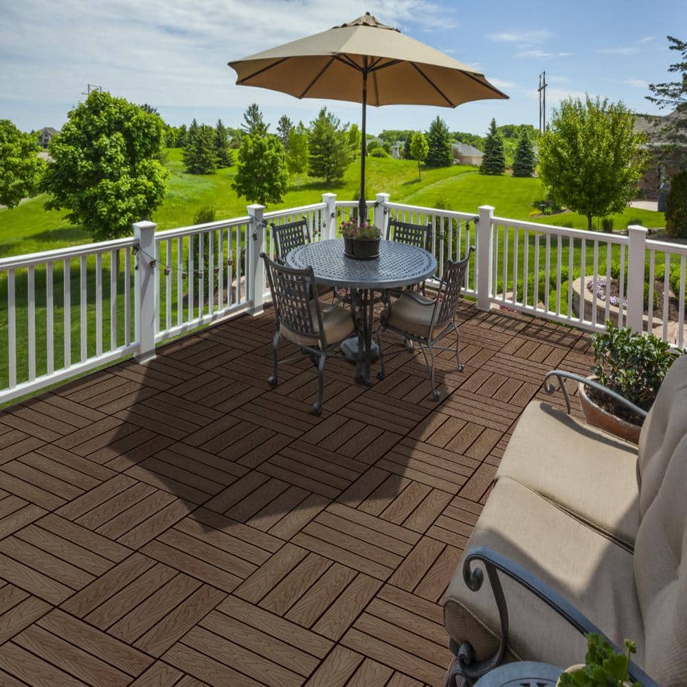 LH EP 12 in. x 12 in. WPC Composite Interlocking Flooring Deck Tiles with Parallel Design in Espresso (Pack of 11 Tiles)