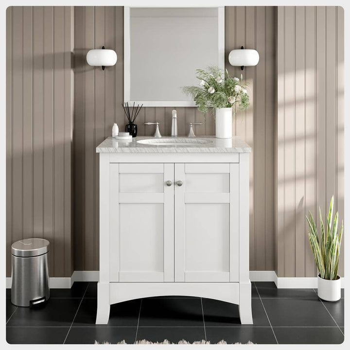 Eviva New York 30 in. W x 22 in. D x 34 in. H Bathroom Vanity in White with White Carrara Marble Top with White Sink