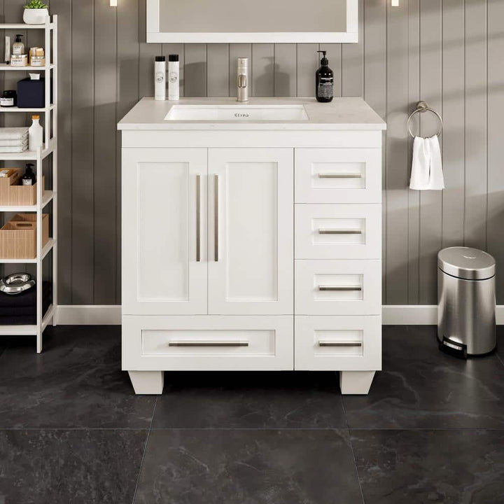 Eviva Loon 30 in. W x 22 in. D x 34 in. H Bathroom Vanity in White with White Carrara Quartz Top with White Sink