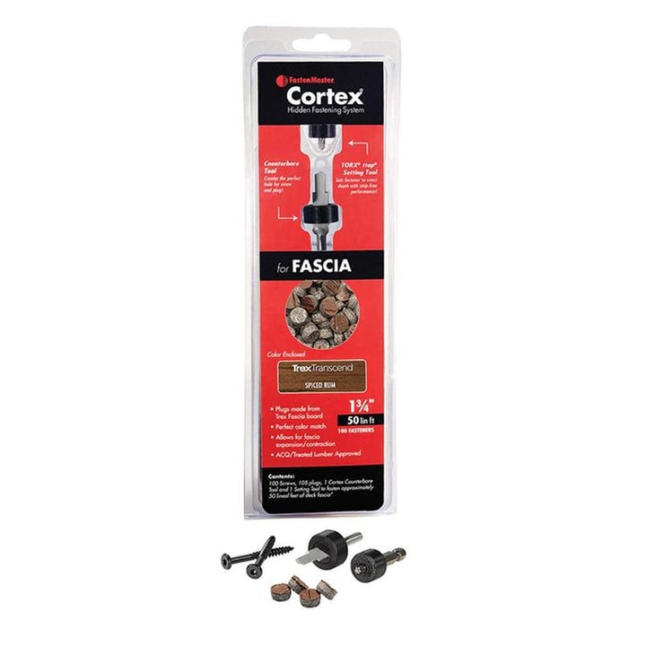 FastenMaster Cortex Hidden Fastening System for Trex Transcend Fascia – 1-3/4 inch Cortex screws and plugs – Spiced Rum (50 LF)