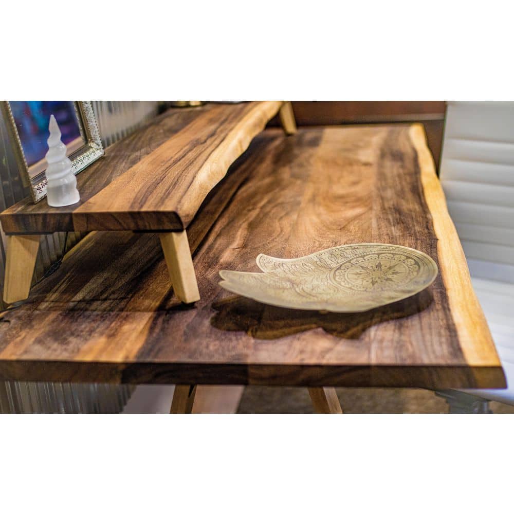 HARDWOOD REFLECTIONS 5 ft. L x 12 in. D Finished Saman Solid Wood Butcher Block Bar Countertop with Live Edge