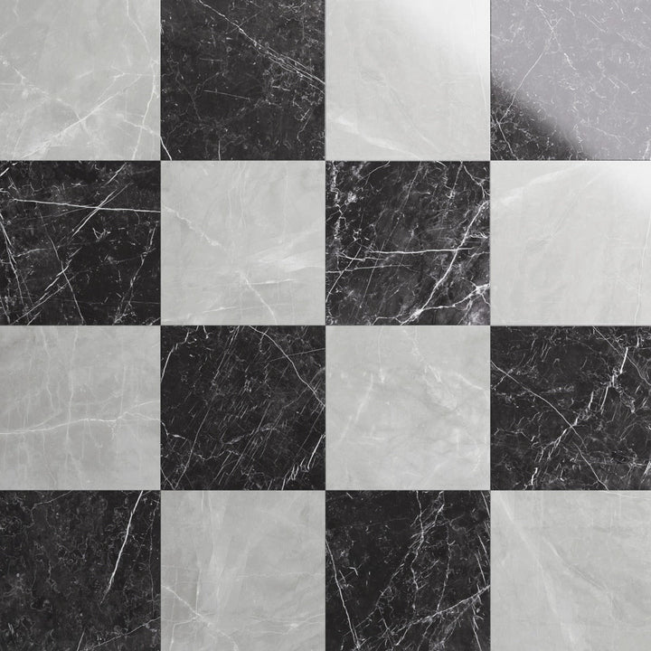 Fortunato Amani Gray and Nero Marquina Black 12x12 Polished Porcelain Checkerboard Tile