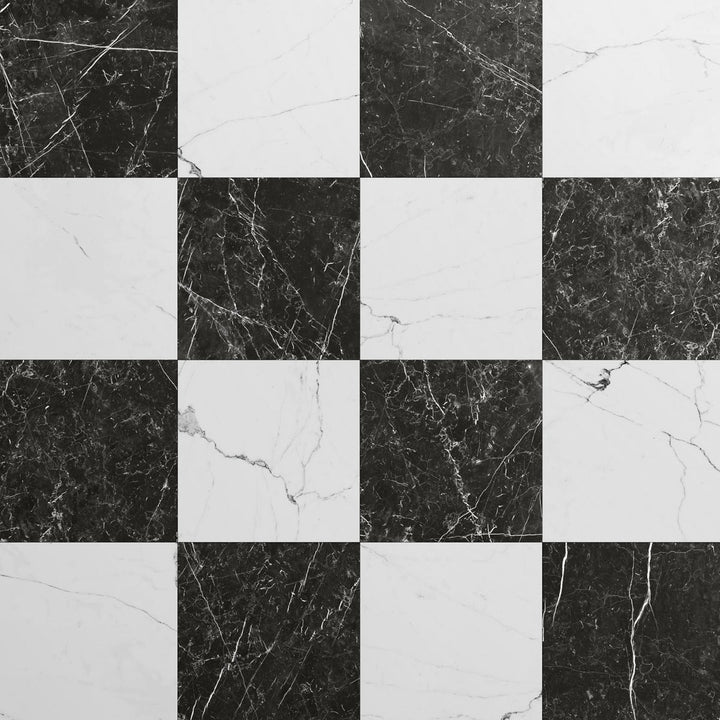 Fortunato Calacatta and Nero Marquina 12x12 Matte Porcelain Checkerboard Tile