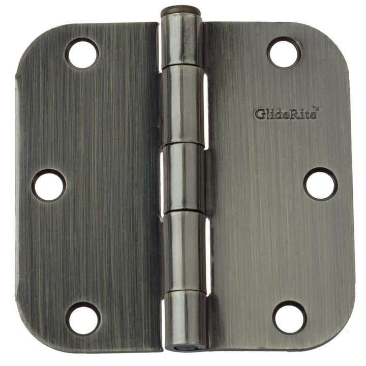 GlideRite 3-1/2 in. Antique Brass Steel Door Hinge, 5/8 in. Corner Radius with Screws (12-Pack)