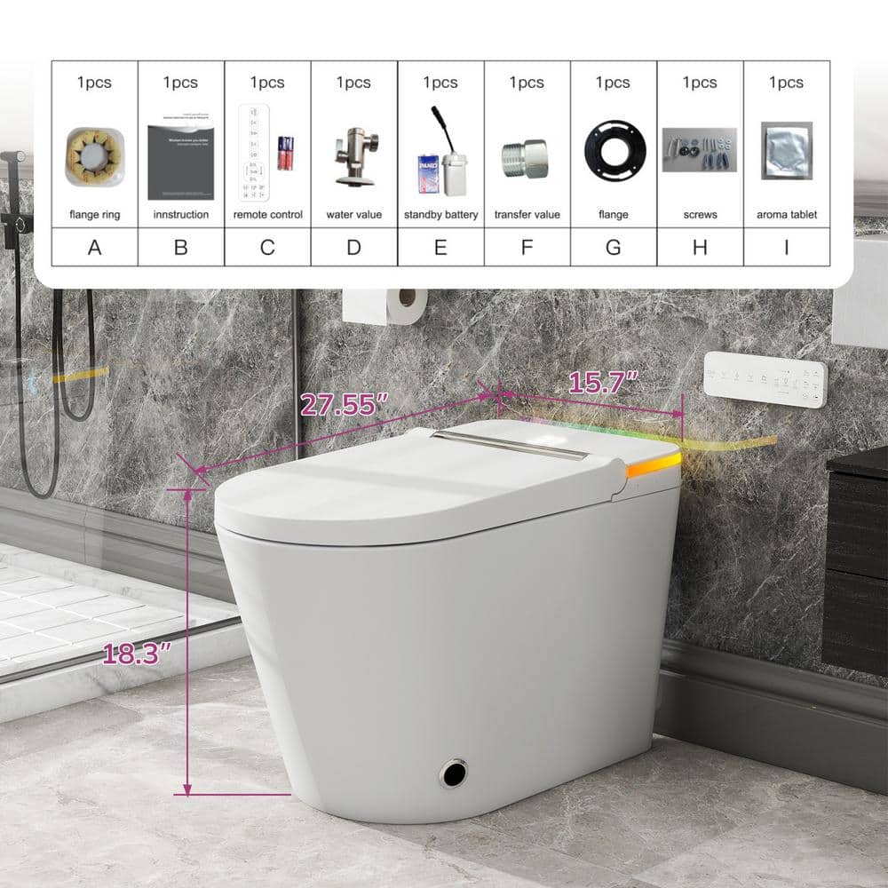 Relyblo Foot Sensor Smart Elongated Bidet Toilet in Glossy White with Adjustable Sprayer