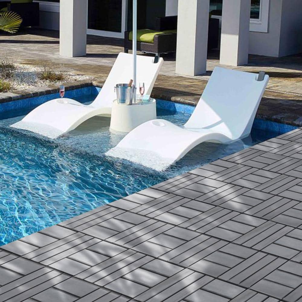 Amucolo 12 in. x 12 in. Checker Pattern Acacia Wood Interlocking Deck Tiles in Gray for Patio, Pool Side (Set of 10 Tiles)