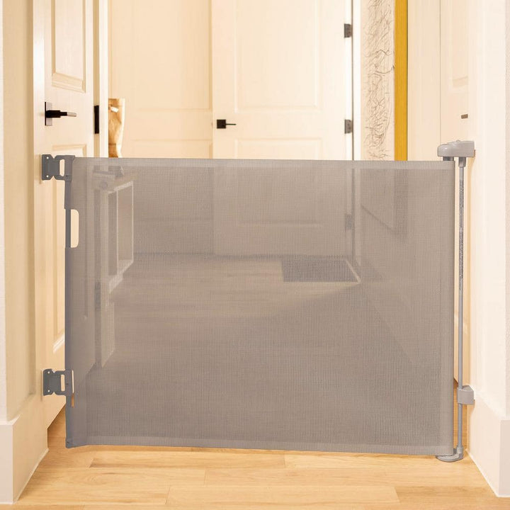 Angel Sar Gray 33" x 55" H PVC Retractable Baby Gates, Hardware Mounted Wide Mesh Dog Gate for Stairs Doorways Hallways