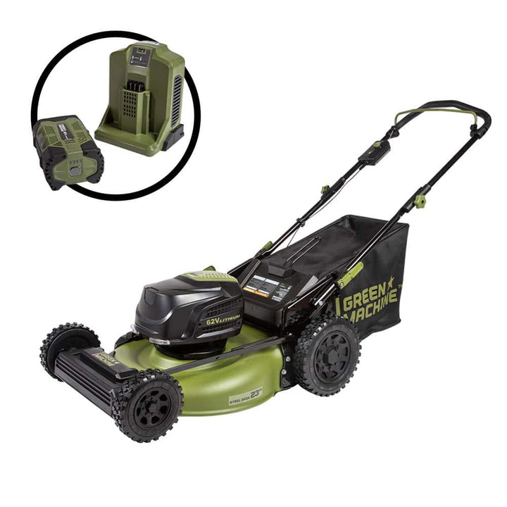 Green Machine 62V Cordless 3-in-1 High Wheel Push Walk Behind Mower, Brushless 22 In. Cutting Width with 4Ah Battery and Rapid Charger