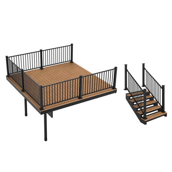 FORTRESS Apex Attached 12 ft. x 12 ft. Himalayan Cedar PVC Deck Kit and 5-Step Stair Kit with Steel Framing and Aluminum Railing