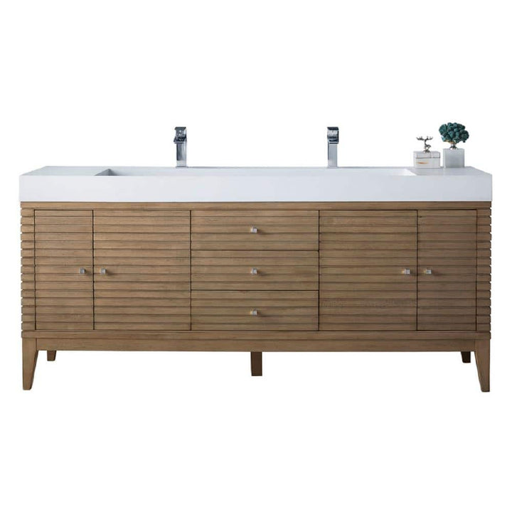 James Martin Vanities Linear 72.5" Double Bath Vanity, Whitewashed Walnut, Glossy White Top