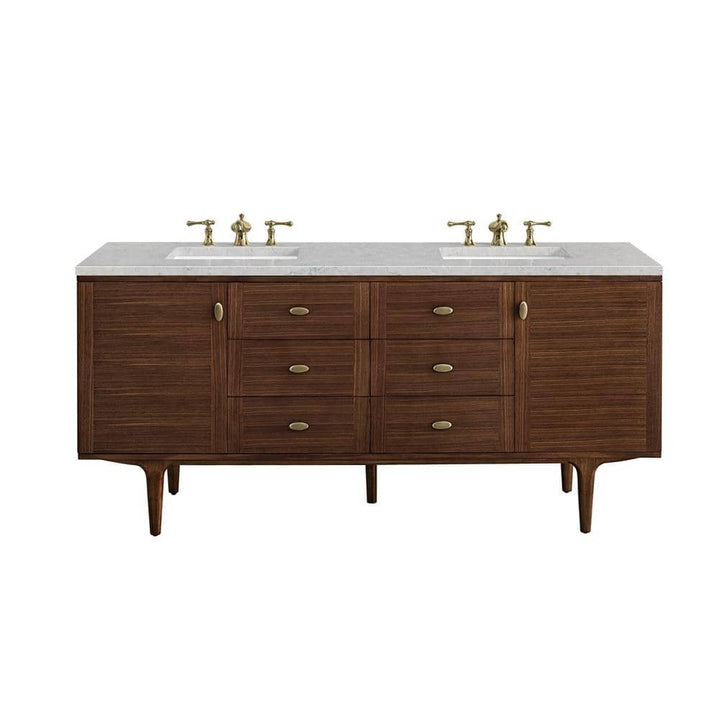 James Martin Vanities Amberly 72" Mid-Century Walnut Bathroom Vanity with Quartz Top