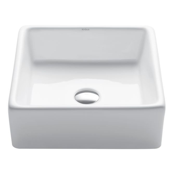 KRAUS Square Ceramic Vessel Bathroom Sink in White, 15-1/4 x 15-1/4 x 5-1/2 in