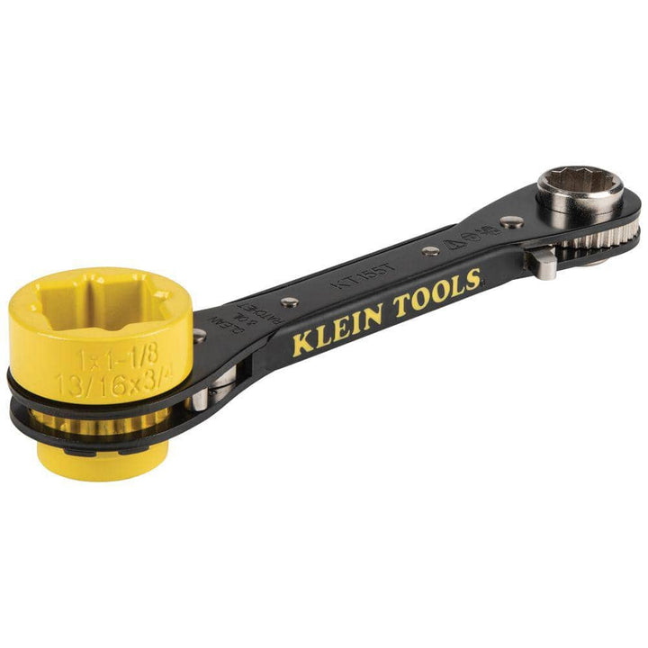 Klein Tools KT155T 6-in-1 Ratcheting Lineman’s Wrench, 9.5 in Length, SAE Hex & Square Sockets