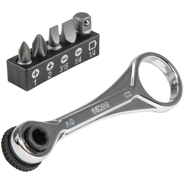 Klein Tools 1/4 in. Drive Electrician's Mini Ratchet Set with Screwdriver Bits and Adapter, 3.5 in Handle, 72-Tooth (Model 65200)