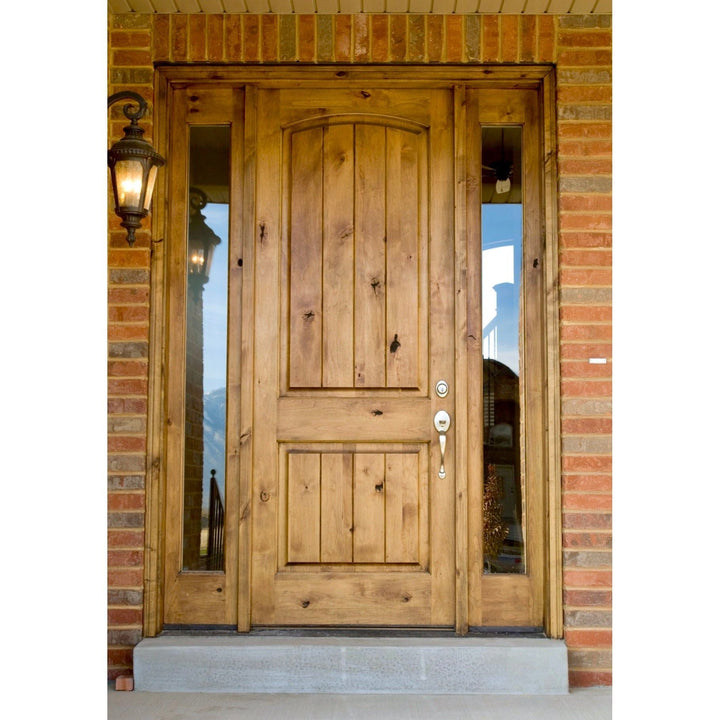 36 in. x 80 in. Rustic Knotty Alder 2-Panel Top Rail Arch V-Groove Unfinished Wood Front Door Slab