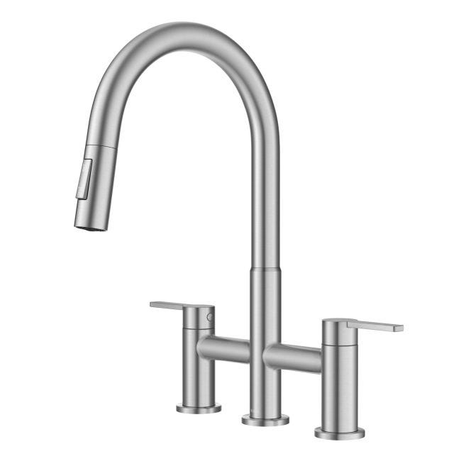 KRAUS Allyn Transitional 2-Handle Bridge Kitchen Faucet with Pull-Down Sprayhead in Spot Free Stainless Steel (KPF-3122SFS)