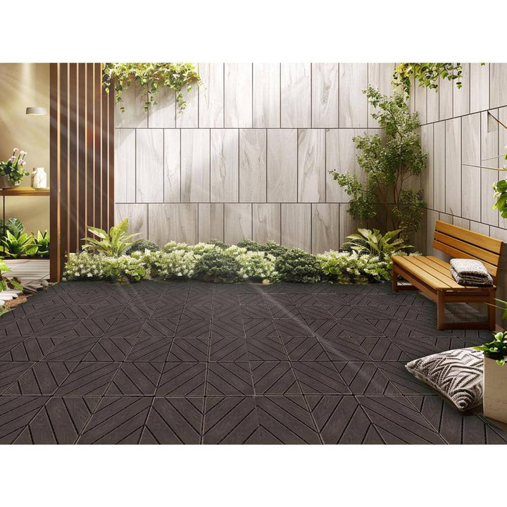 GOGEXX 12 in. W x 12 in. L Outdoor Diagonal Stripe Plastic Composite Flooring Deck Tiles (35 per box), Light Coffee
