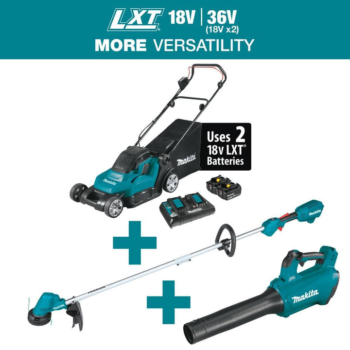 Makita 18V X2 (36V) LXT 17 in. Walk Behind Residential Lawn Mower Kit (5.0Ah) with LXT Blower and LXT 13 in. String Trimmer