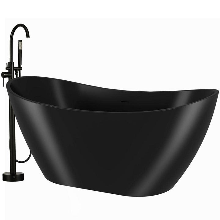 AKDY 60 in. Fiberglass Freestanding Flat Bottom Soaking Bathtub in Matte Black with Tub Filler Combo