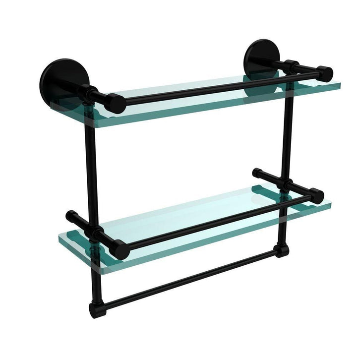 Allied Brass 16 in. L x 12 in. H x 5 in. W 2-Tier Gallery Clear Glass Bathroom Shelf with Towel Bar in Matte Black