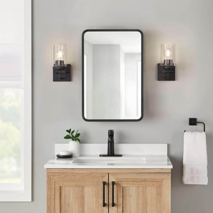 Glacier Bay 16 in. W x 24 in. H Rounded Corner Rectangular Matte Black Medicine Cabinet with Mirror