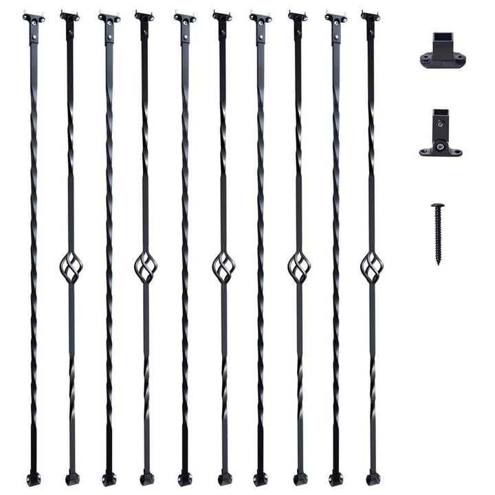 VEVOR 44 in. H x 2.2 in. W Black Galvanized Steel Spindles Stair Railing Kit Deck Baluster with Hollow Single Baskets