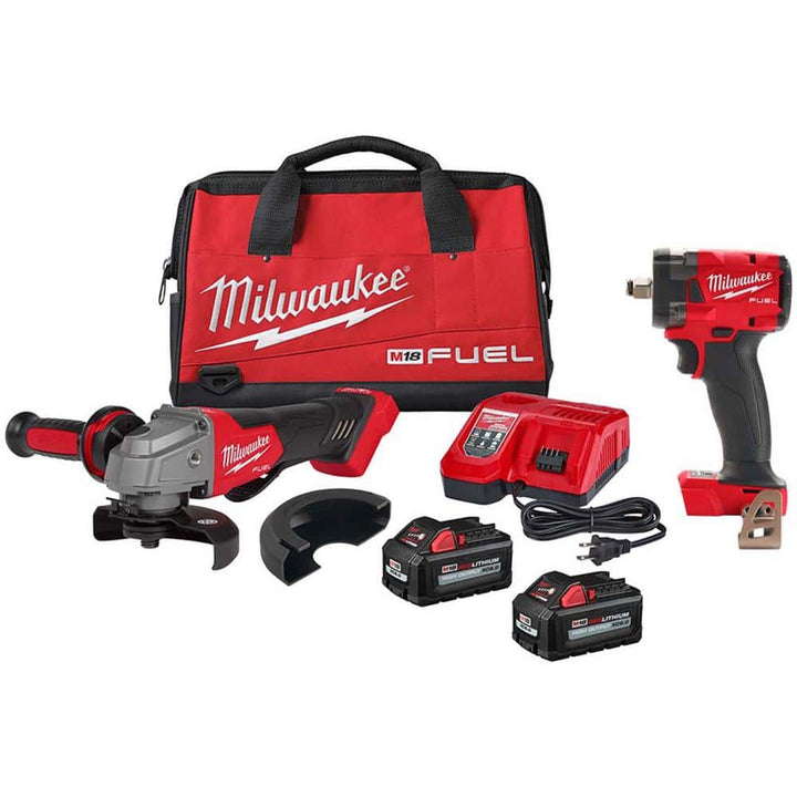 Milwaukee M18 FUEL 18V Brushless Cordless 4-1/2–5 in. Grinder Paddle Switch Kit + 1/2 in. Impact Wrench, 2 Batteries