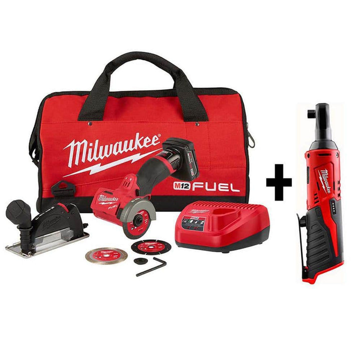 Milwaukee M12 FUEL 12V 3 in. Brushless Cordless Cut-Off Saw Kit + M12 3/8 in. Ratchet, with 5.0Ah & 2.5Ah Batteries
