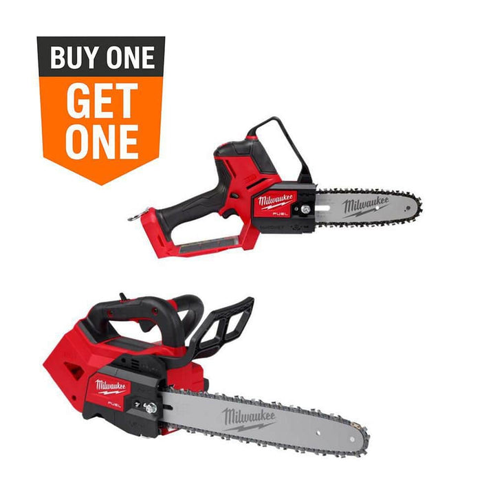 Milwaukee M18 FUEL 18V Brushless Cordless 8 in. HATCHET Pruning Saw + 14 in. Top Handle Chainsaw, Tool-Only (2-Tool Combo)