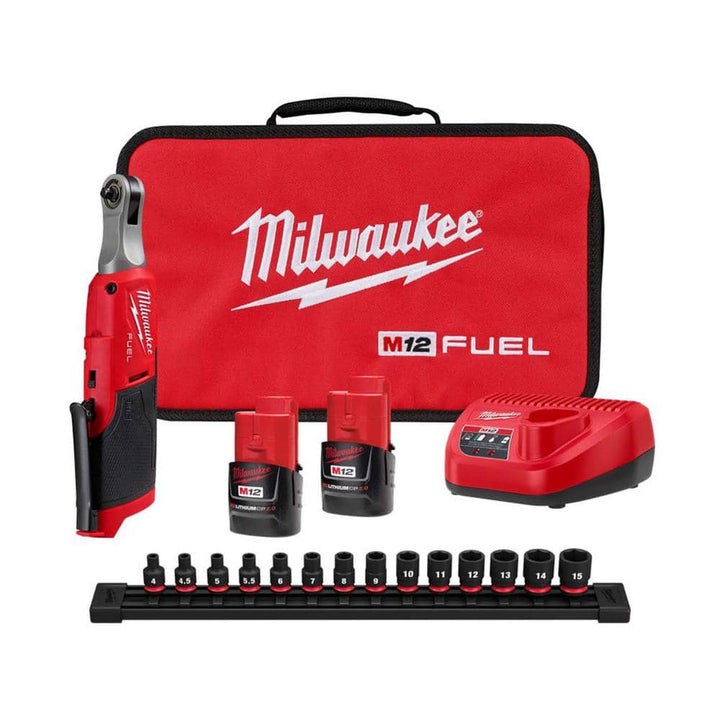 Milwaukee M12 FUEL 12V Cordless High-Speed 1/4 in. Ratchet Kit with 1/4 in. Drive Metric Deep Well Impact Socket Set (14-Piece)
