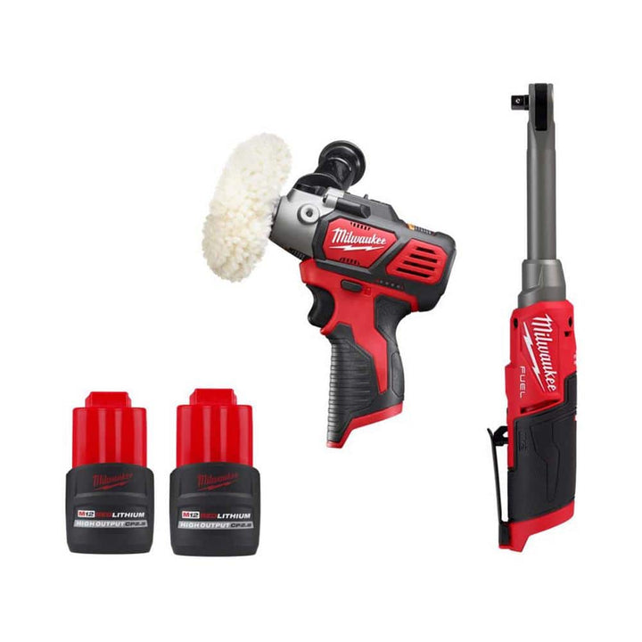 Milwaukee M12 FUEL 3/8 in. Extended Reach High-Speed Cordless Ratchet with Variable-Speed Polisher/Sander and (2) HO CP2.5 Batteries