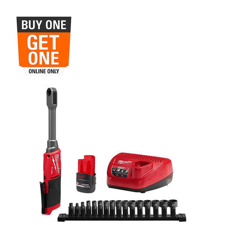 Milwaukee M12 12V FUEL 1/4 in.-3/8 in. INSIDER Extended Reach Box Cordless Ratchet Kit with 6‑Pt Impact Socket Set