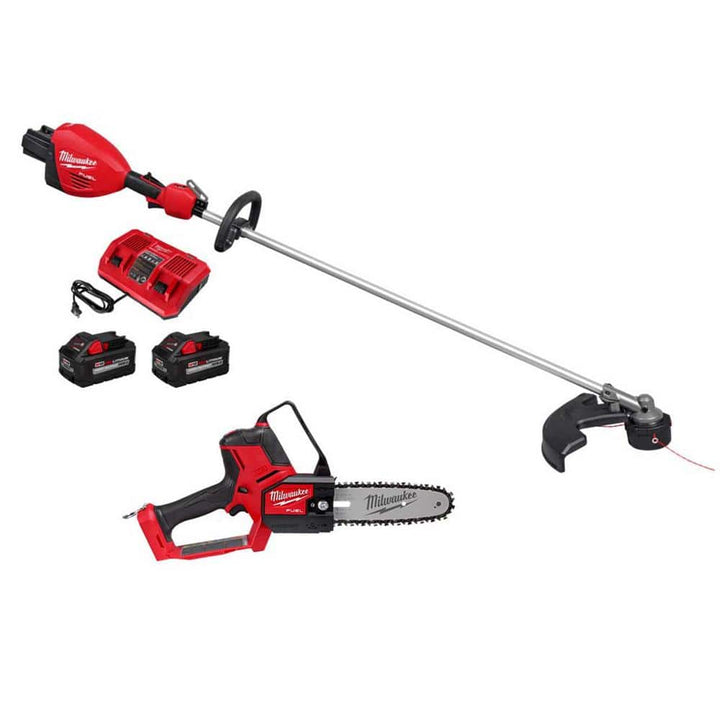 Milwaukee M18 FUEL 18V Brushless Cordless 17 in. Dual-Battery String Trimmer with 14 in. Top Handle Chainsaw, (2) 8.0Ah Batteries & Rapid Charger