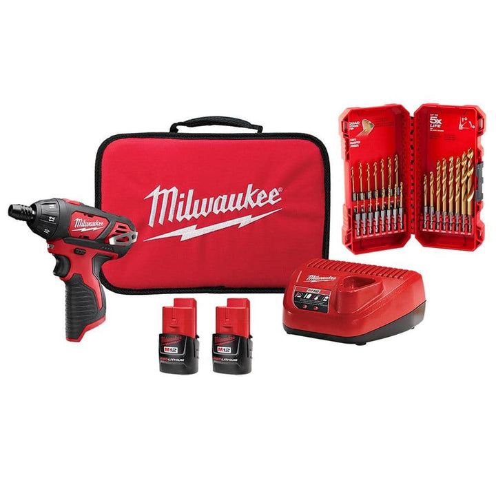 Milwaukee M12 12V Lithium-Ion Cordless 1/4 in. Hex Screwdriver Kit with SHOCKWAVE Impact Duty Titanium Drill Bit Set (23-Piece)
