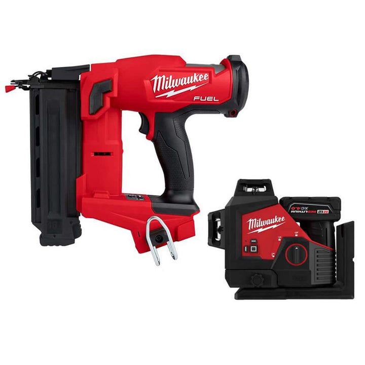 Milwaukee M18 FUEL 18GA Brad Nailer + M12 Green 360° 3-Plane Laser Kit w/ 4.0Ah Battery, Charger & Case