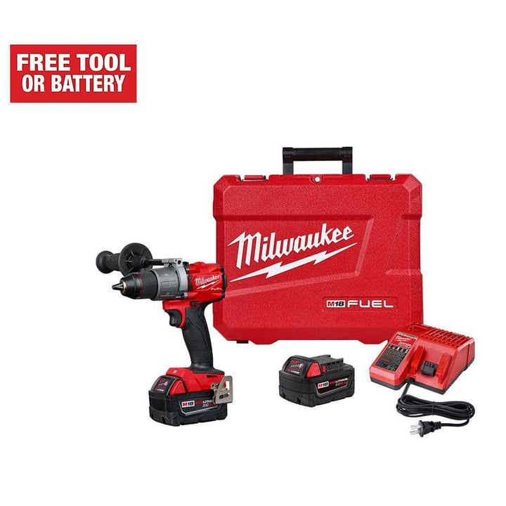 Milwaukee M18 FUEL 18V Brushless Cordless 1/2 in. Hammer Drill/Driver Kit with (2) 5.0Ah Batteries, Rapid Charger & Hard Case