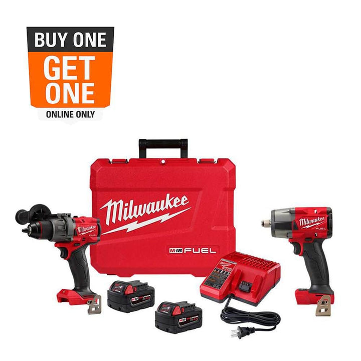 Milwaukee M18 FUEL 18V Brushless 1/2 in. Hammer Drill/Driver Kit with M18 FUEL 1/2 in. Impact Wrench (2 XC5.0 Batteries, Charger, Case)