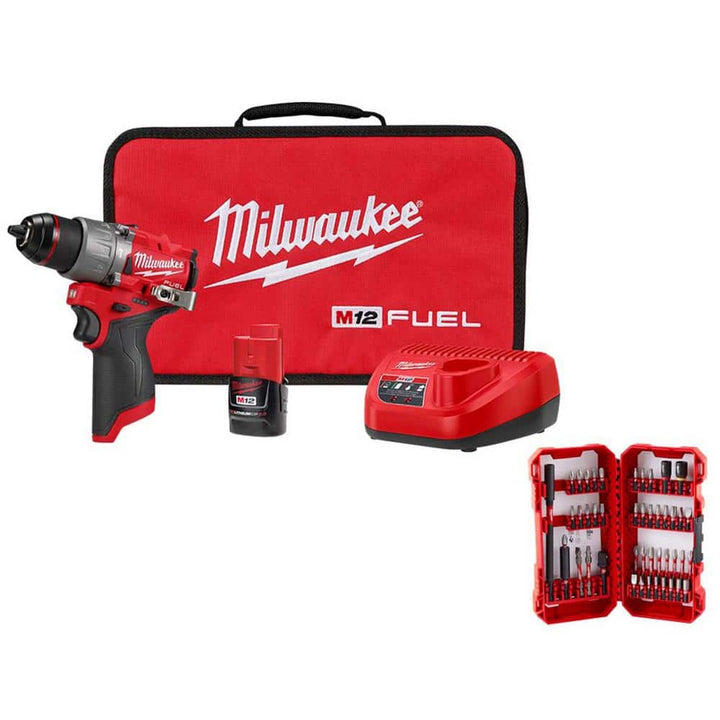 Milwaukee M12 FUEL 12-Volt Li-Ion Brushless Cordless 1/2 in. Hammer Drill Kit with CP 2.0Ah Battery, Charger & 45-Pc Shockwave Bit Set