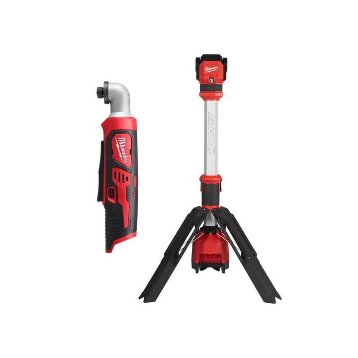 Milwaukee M12 12V Lithium-Ion Cordless 1/4 in. Right Angle Hex Impact Driver with M12 1400-Lumen ROCKET LED Stand Work Light, Tool-Only