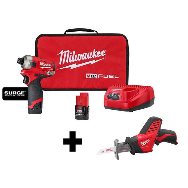 Milwaukee M12 FUEL SURGE 12V Lithium-Ion Brushless 1/4 in. Hex Impact Driver Kit with M12 HACKZALL (2 Batteries, Charger, Bag)