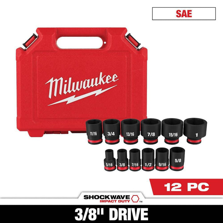 Milwaukee SHOCKWAVE 3/8 in. Drive SAE 6-Point Impact Socket Set (12-Piece)