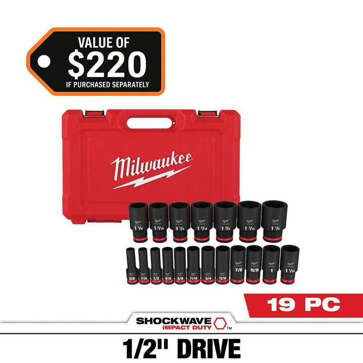 Milwaukee SHOCKWAVE 1/2 in. Drive SAE 6-Point Deep Impact Socket Set (19-Piece)