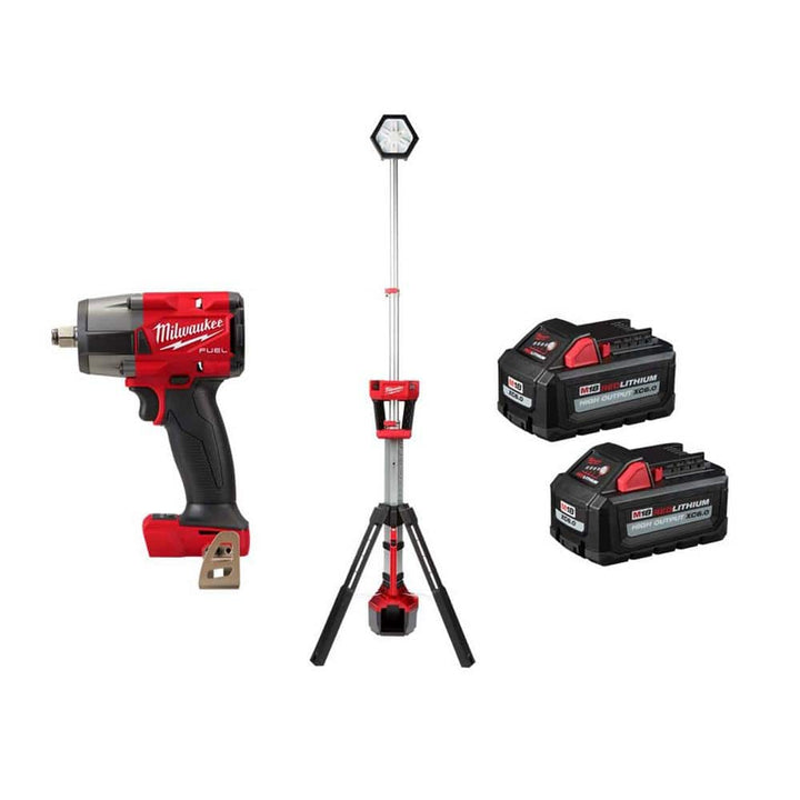 Milwaukee M18 FUEL Gen-2 18V Brushless Cordless 1/2 in. Mid‑Torque Impact Wrench + ROCKET Tower Light, with (2) M18 REDLITHIUM HIGH OUTPUT XC6.0 Batteries