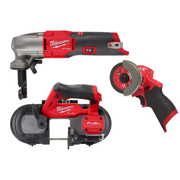 Milwaukee M12 FUEL 12-Volt Lithium-Ion Brushless Cordless 3-Tool Combo: 16-Gauge Variable Speed Nibbler, Compact Band Saw & 3 in. Cut-Off Saw