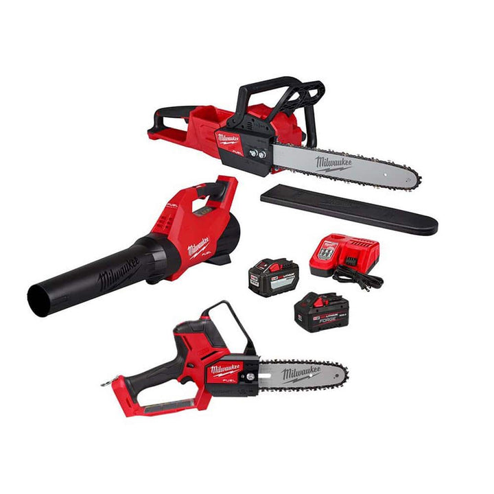 Milwaukee M18 Fuel 16 in. 18-Volt Brushless Cordless Electric Chainsaw with Hatchet, Blower, 12.0 and 8.0 Battery Combo Kit 2-Tool