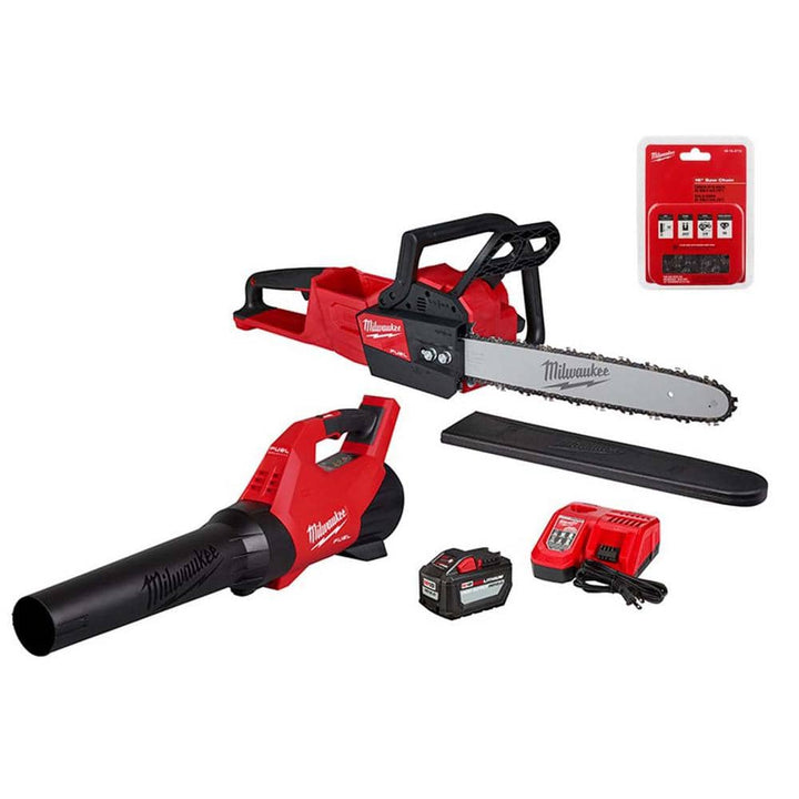Milwaukee M18 FUEL 16 in. 18-Volt Brushless Cordless Electric Chainsaw w/M18 Blower 12.0 Ah & Extra Chain Combo Kit (2-Tool)
