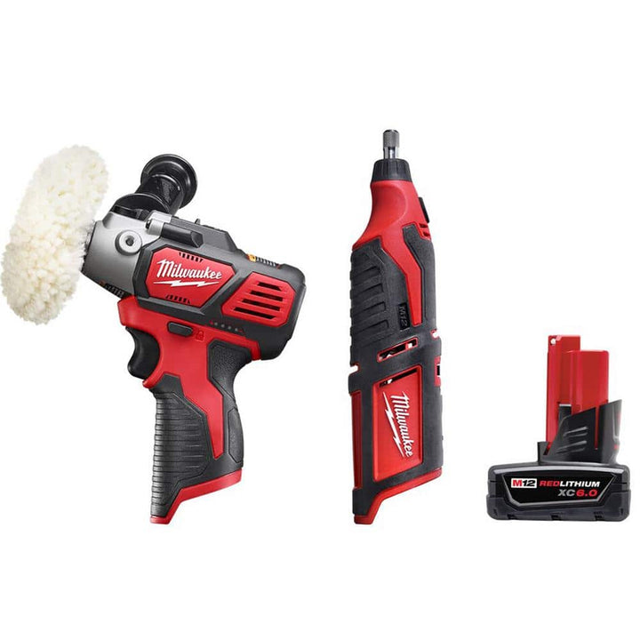 Milwaukee M12 12V Lithium-Ion Cordless Variable Speed Polisher/Sander with M12 Rotary Tool and 6.0 Ah XC Battery Pack