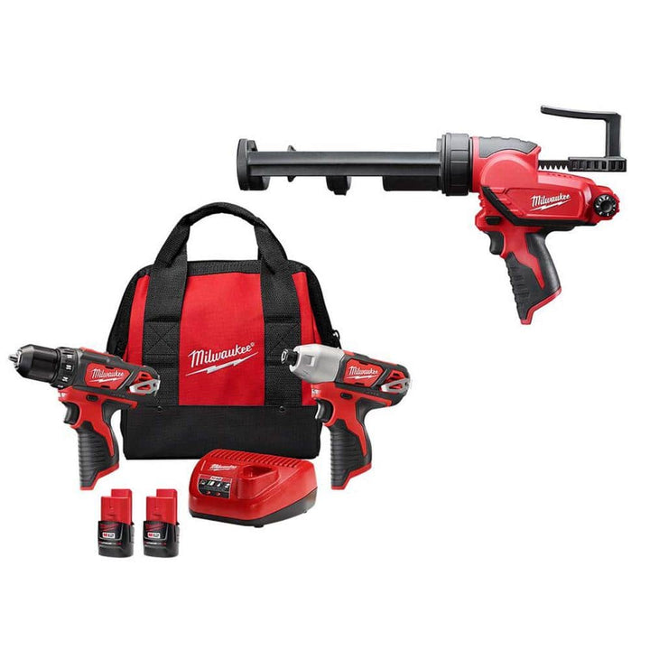 Milwaukee M12 12V Lithium-Ion Cordless Drill/Driver & Impact Driver Combo Kit with Two 1.5Ah Batteries, Charger, Bag and 10 oz. Adhesive/Caulk Gun