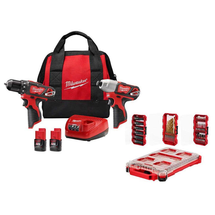 Milwaukee M12 12V Li‑Ion Cordless Drill/Driver & Impact Driver Combo Kit w/ (2) 1.5Ah Batteries, Charger and PACKOUT Shockwave Bit Set (60 Pc)