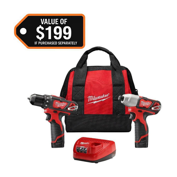 Milwaukee M12 12V Li-Ion Cordless Drill/Driver & 1/4 in. Impact Driver Combo Kit with Two 1.5Ah Batteries, 30‑Min Charger, Bag (2-Tool) + Bit Set